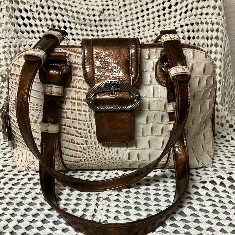 M.C. Madi Claire Chic Croc-Embossed Handbag in Bronze and Cream